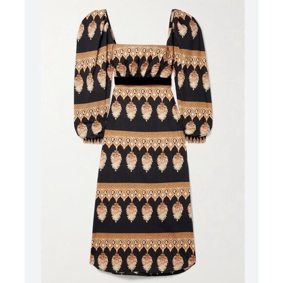 JOHANNA ORTIZ Black Symbolic Emblems Velvet Trimmed Printed Cotton Midi Dress 4 - Picture 4 of 16